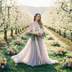 Beautiful bride in a soft lavender gown holding a ranunculus bouquet in a blooming spring orchard with pastel floral arrangements.