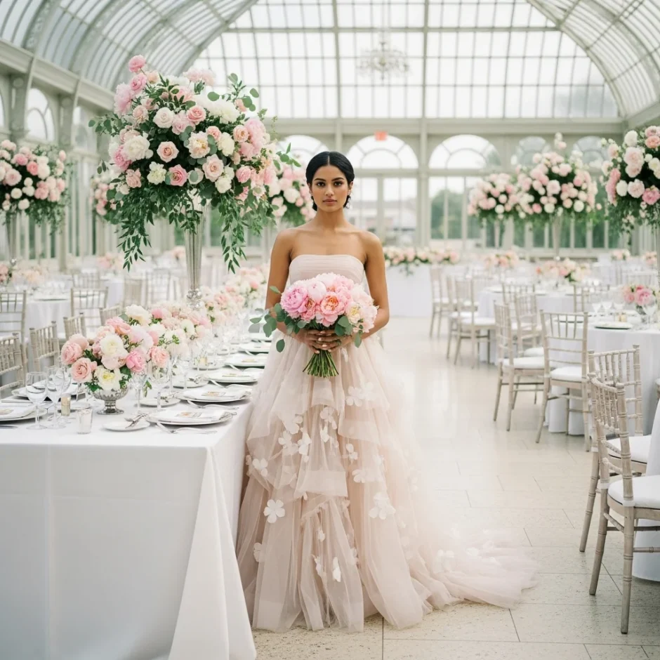 Elegant bride in a blush-nude gown holding a peony bouquet inside a bright glass conservatory styled for a large wedding reception.