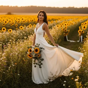 Bride in a flowing white wedding gown holding a sunflower bouquet in a golden sunflower field at sunset for an outdoor summer wedding.