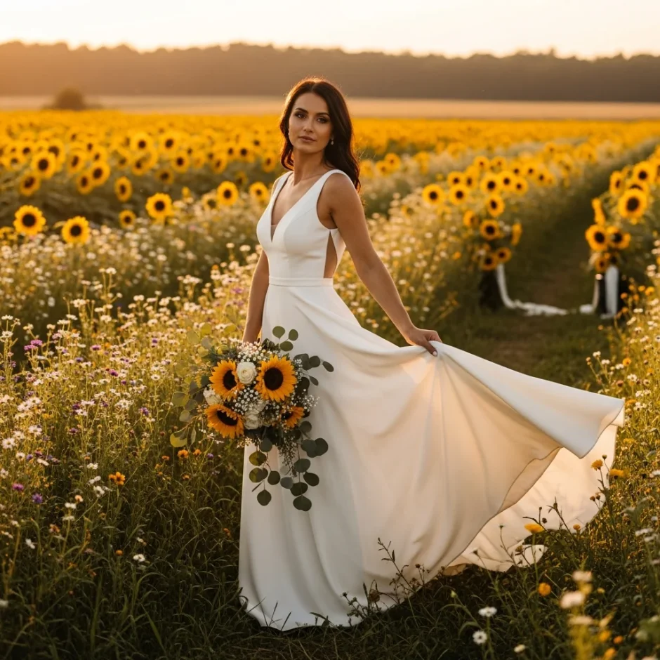 Bride in a flowing white wedding gown holding a sunflower bouquet in a golden sunflower field at sunset for an outdoor summer wedding.