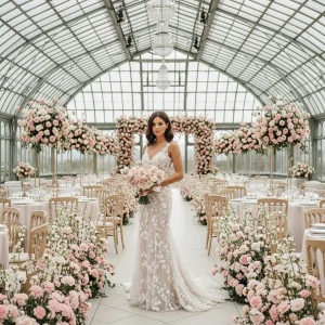 Elegant bride in a grand glasshouse aisle surrounded by blush and ivory floral arrangements for a romantic wedding reception