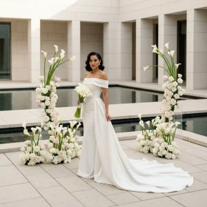 Elegant bride in white gown with calla lily bouquet on a modern porch framed by white floral arrangements for a chic wedding ceremony.
