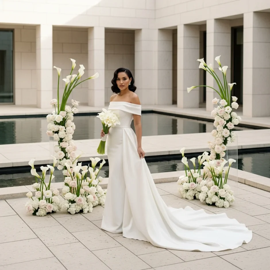 Elegant bride in white gown with calla lily bouquet on a modern porch framed by white floral arrangements for a chic wedding ceremony.