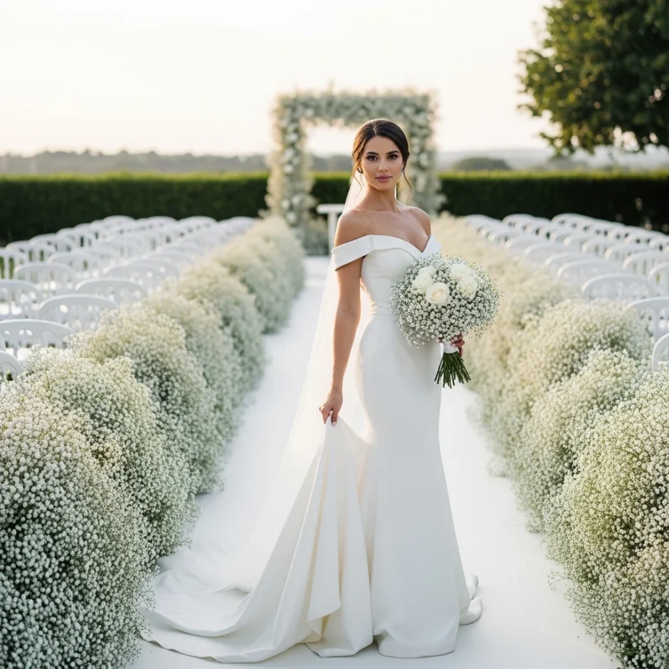 Bride in a white gown walking through a lush baby’s breath wedding aisle with full white floral borders at an outdoor ceremony.