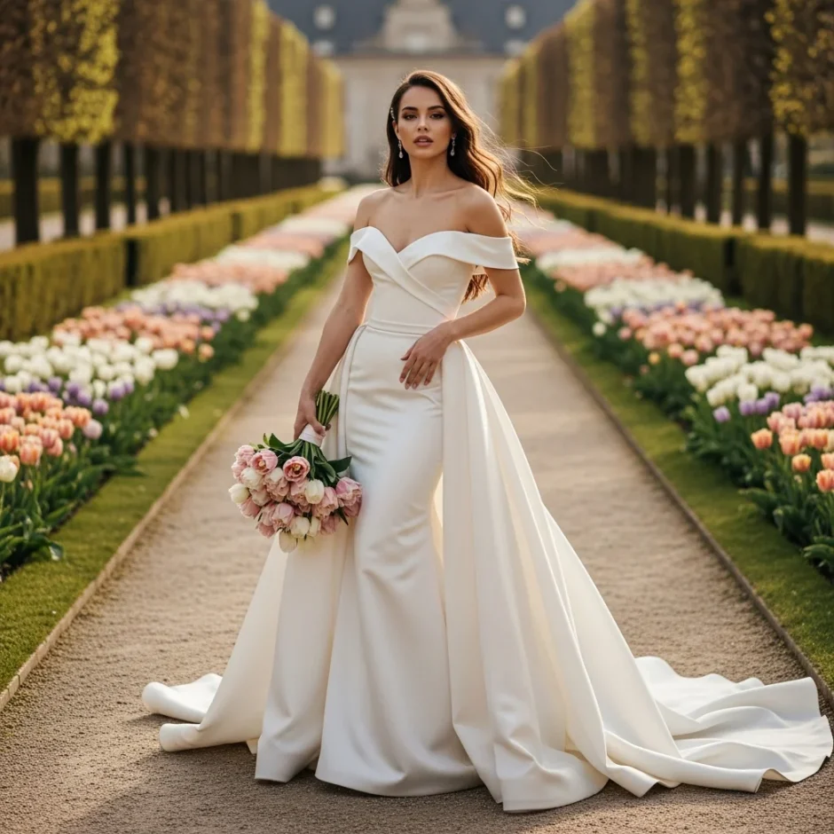 Bride in a flowing white wedding gown stands along a baby’s breath-lined aisle, holding a bouquet, showcasing bulk tulips for elegant aisle decor.