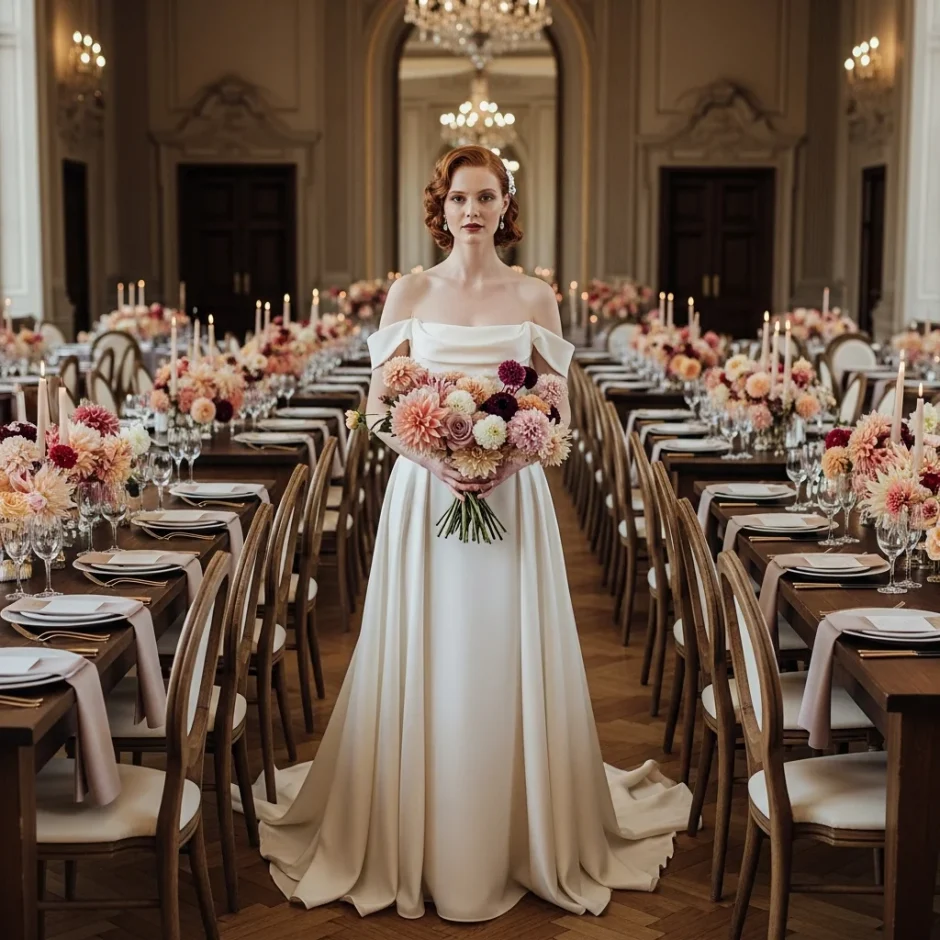 Bride in a grand reception hall holding a dahlia bouquet, with long banquet tables lined with matching dahlia centerpieces in blush, peach, cream, and burgundy tones.