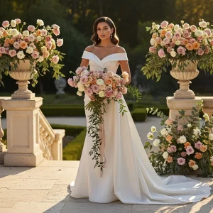 Bride holding a ranunculus and eucalyptus wedding bouquet on a stone terrace with lush floral urn arrangements in soft blush and ivory tones.
