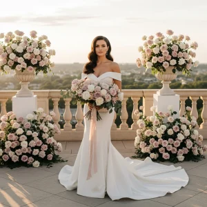 Elegant bride holding a pastel ranunculus bouquet beside overflowing garden urns filled with bulk wedding flowers in a romantic outdoor terrace setting.