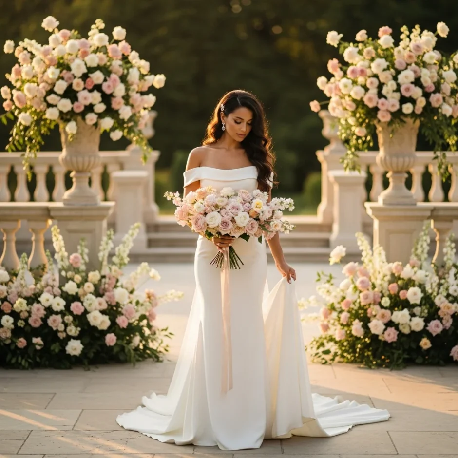 Bride holding a pastel bouquet on a floral terrace framed by lush wedding arrangements in blush, ivory, and peach tones.