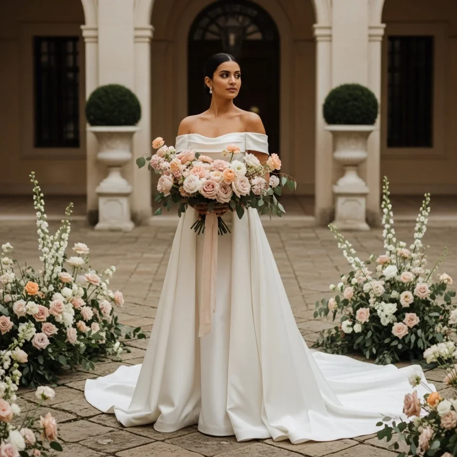 Elegant bride in a white gown holding a blush and ivory bouquet, standing between grand floral arrangements at a romantic outdoor wedding venue.