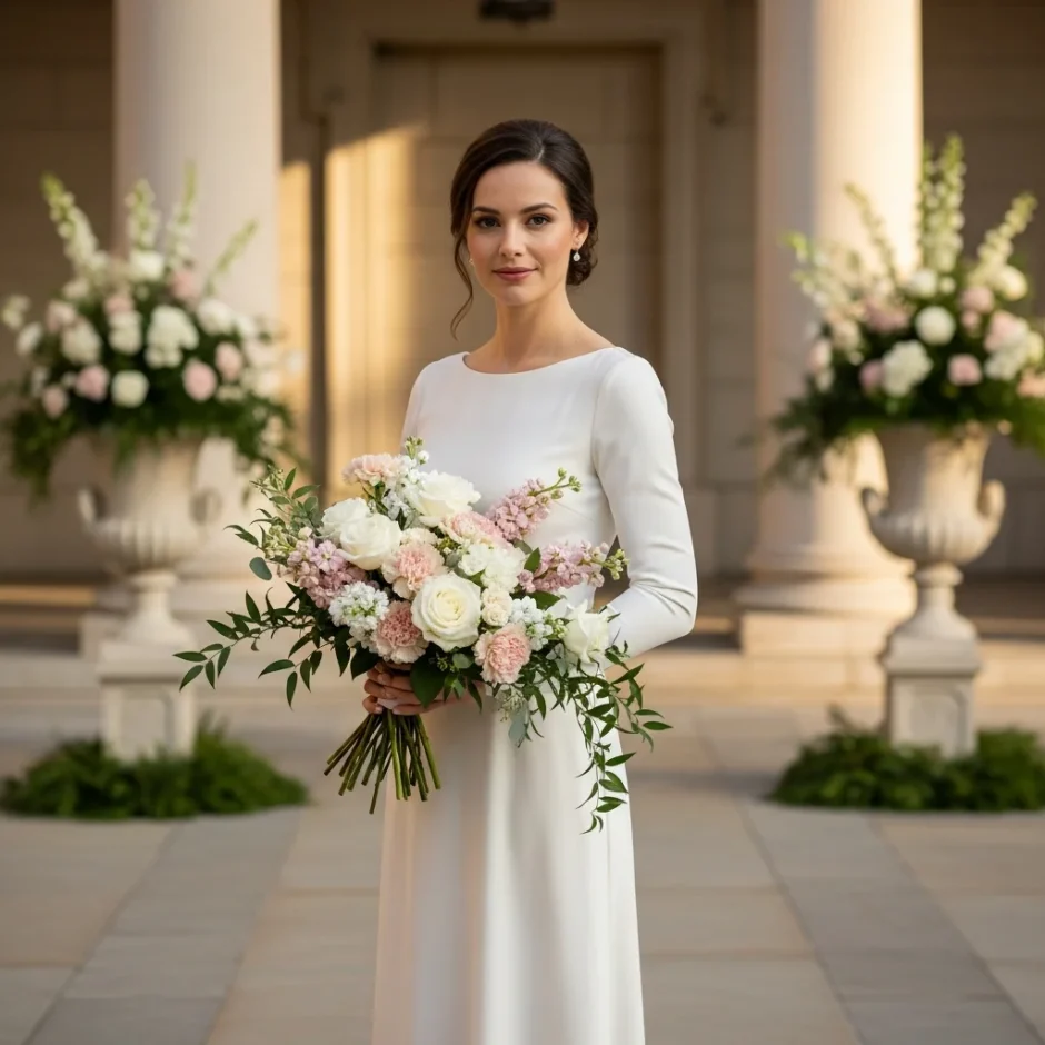 Elegant woman in white holding a soft church bouquet before grand altar urns and warm stone columns, styled for bulk holiday and Sunday church flower decor.