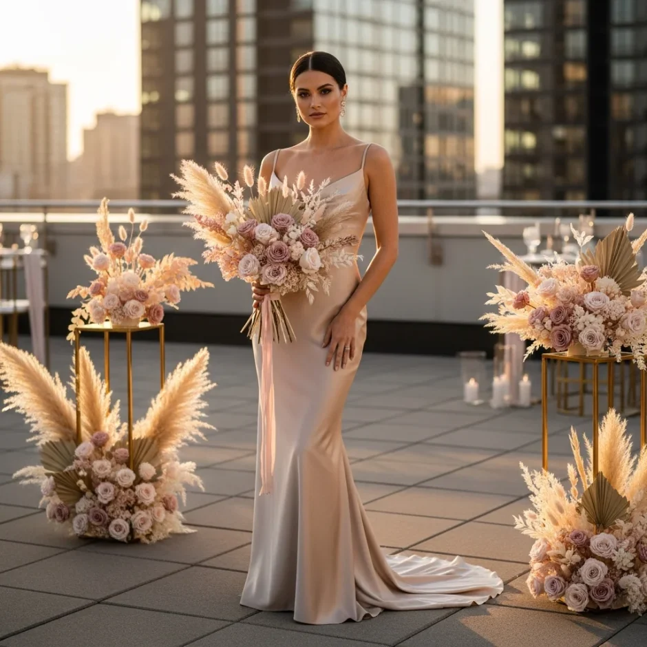 Elegant bride in a blush satin gown holding a neutral dried flower bouquet on a city rooftop with modern wedding floral arrangements.
