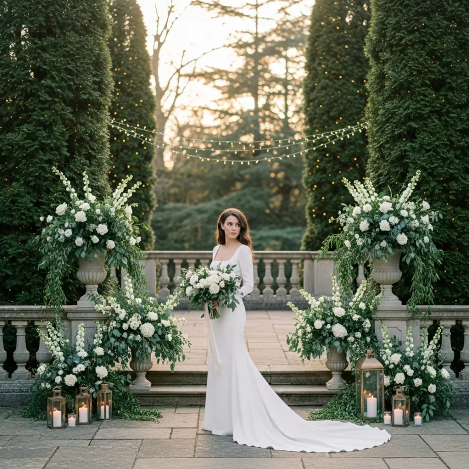 Elegant bride standing before lush evergreen wedding arches and aisle arrangements on a grand stone terrace at golden hour.