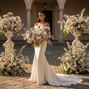 Elegant bride holding a lush pastel bouquet framed by large floral arrangements in an upscale outdoor wedding setting.