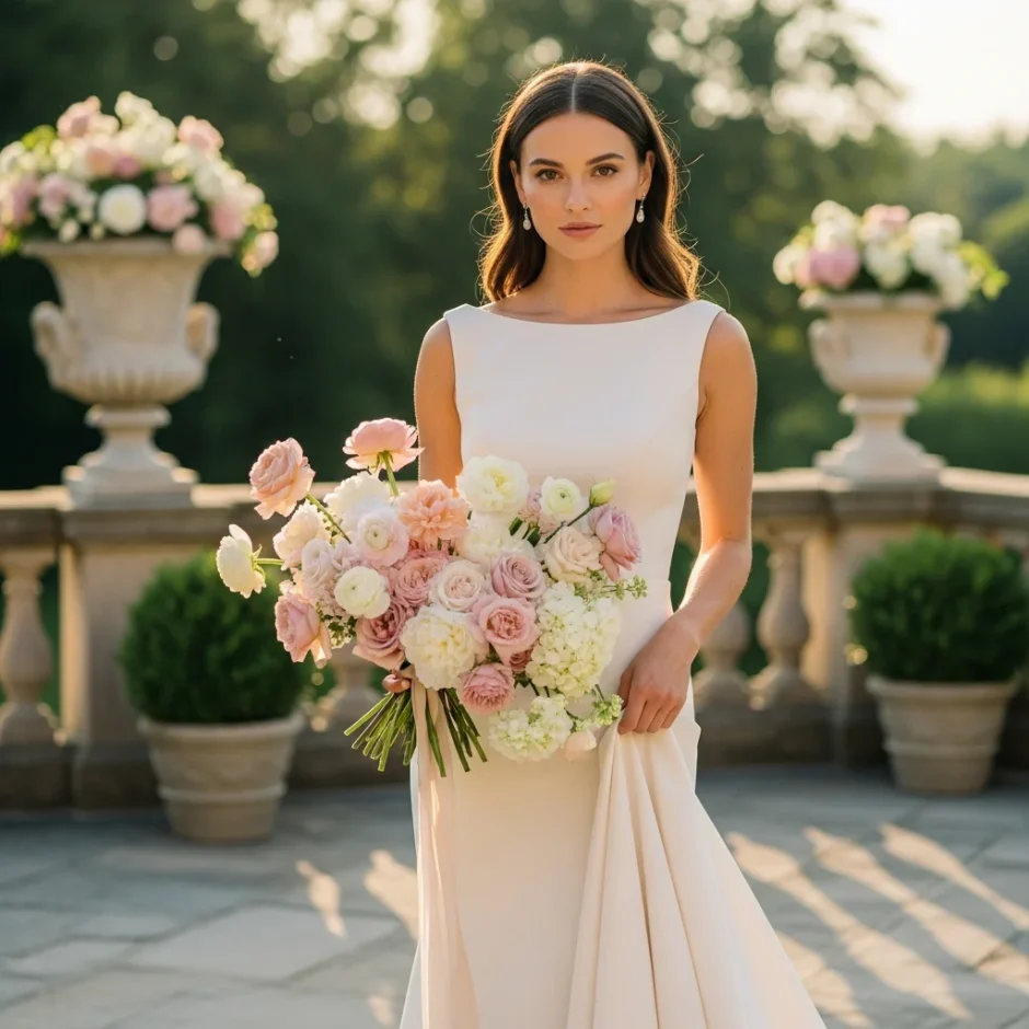 Elegant bride holding a lush pastel bouquet of focal flowers, standing in a sunlit garden courtyard framed by white floral arrangements and stone urns.