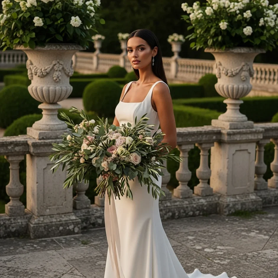 Bride holding a lush greenery bouquet on a stone terrace, framed by elegant urns and manicured hedges in soft golden evening light.