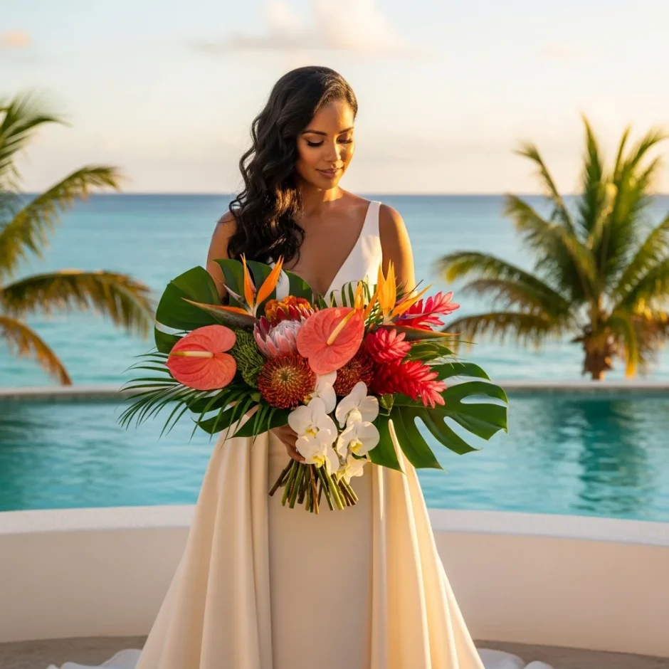 Tropical bride holding bold anthuriums, orchids, birds of paradise, and monstera beside a turquoise lagoon at sunset.