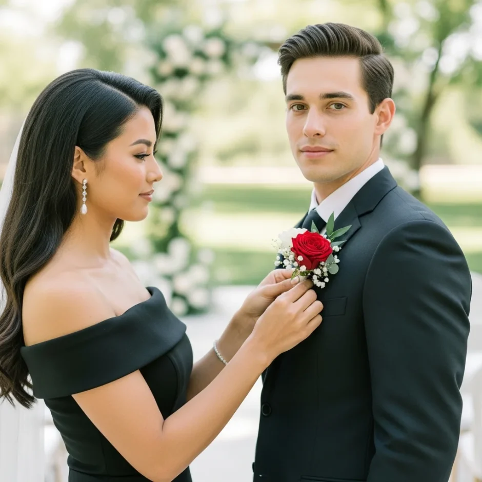 Elegant wedding portrait of a couple with the bride adjusting the groom’s red rose boutonniere in a romantic garden setting.