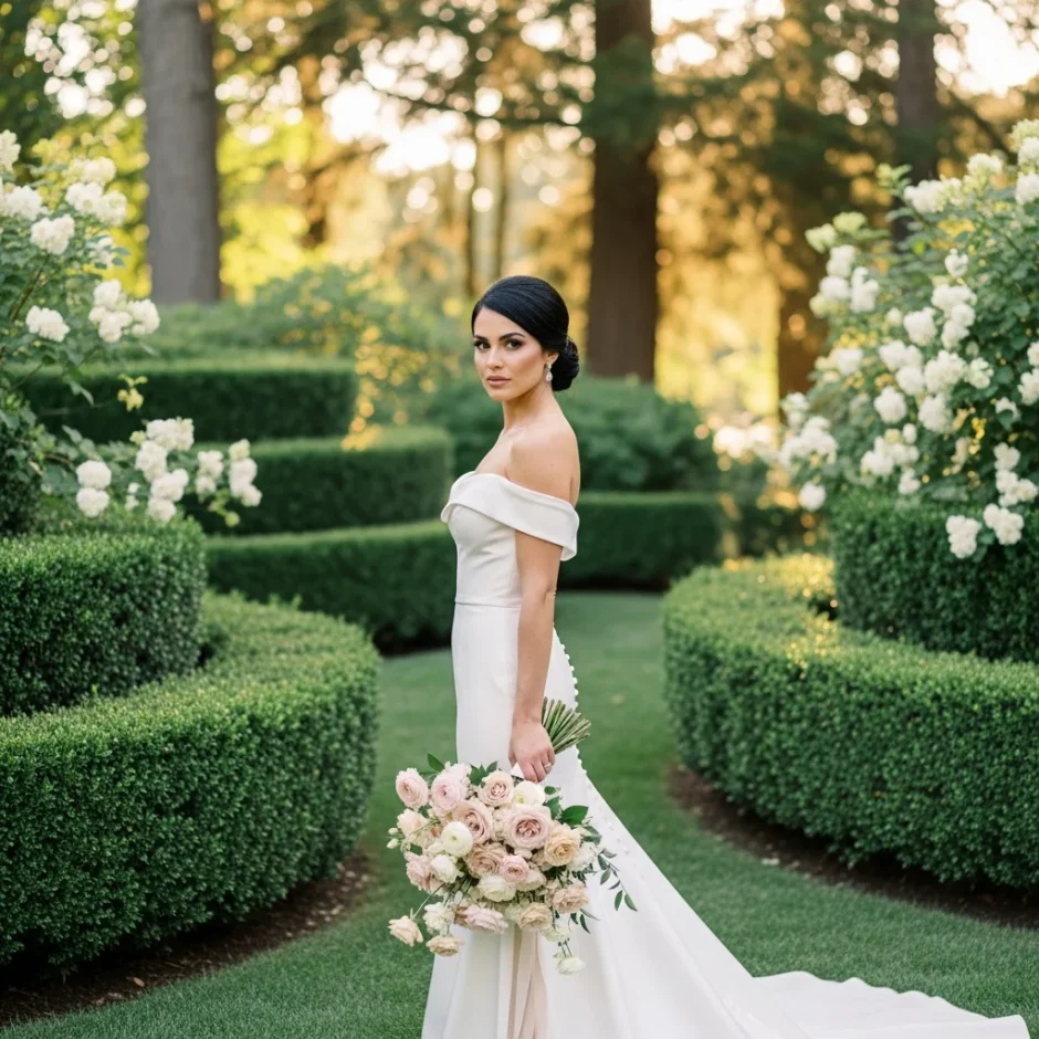Bride in an ivory gown holding a blush and cream bouquet in a manicured garden with lush hedges and soft natural light.