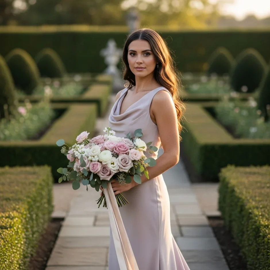Bridesmaid in a blush dress holding a pastel bouquet in a formal garden, showing coordinated bridesmaids bouquets for wedding style.