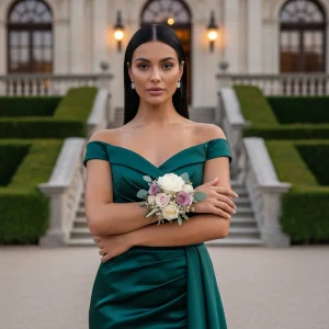 Woman in emerald formal gown wearing a blush and ivory wrist corsage at an elegant outdoor venue.