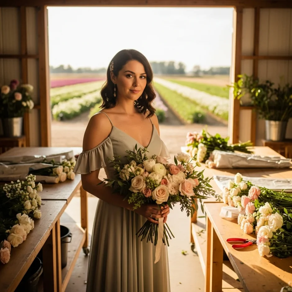 Woman in a champagne gown arranging a lush blush-and-ivory bridal bouquet at an outdoor flower table with fresh bulk wedding blooms.