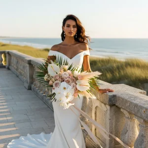 Bride holding a blush and white tropical wedding bouquet on an oceanfront terrace with coastal views.
