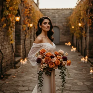 Bride in white gown holding a warm fall wedding bouquet of orange roses and burgundy blooms in a romantic stone courtyard.