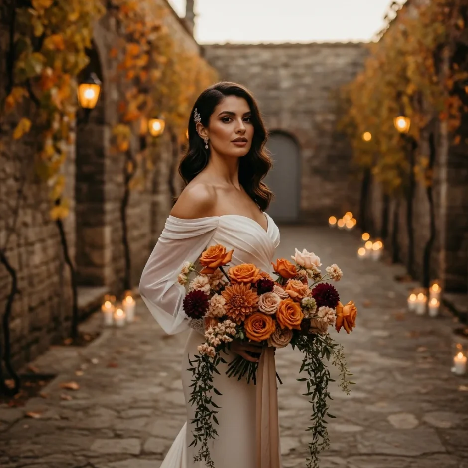 Bride in white gown holding a warm fall wedding bouquet of orange roses and burgundy blooms in a romantic stone courtyard.