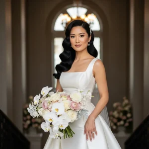 Bride in a white gown holding a bouquet of white roses and orchids in an elegant indoor wedding venue.