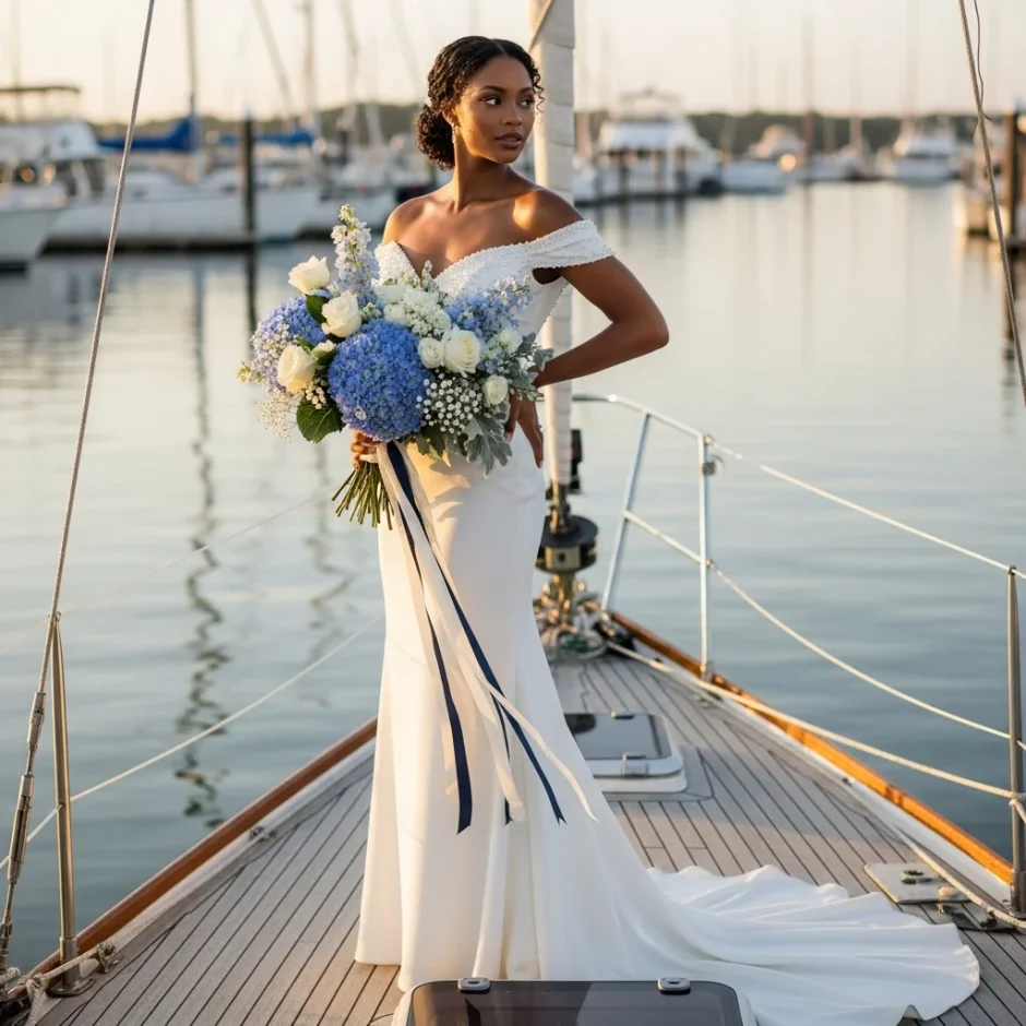 Bride in an ivory wedding gown holding a blue and white coastal bouquet on a marina dock, styled with nautical wedding flowers for a seaside celebration.