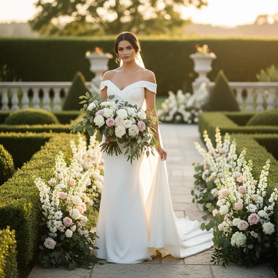 Bride holding a white and blush bouquet at an outdoor garden wedding aisle lined with elegant bulk ceremony flowers and lush greenery.