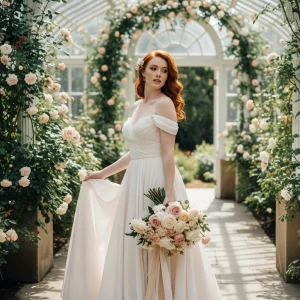 Bride in ivory gown holding a blush and ivory bouquet beneath a lush floral arch, showcasing romantic wedding flowers in bulk for soft, full designs.