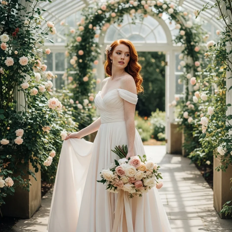 Bride in ivory gown holding a blush and ivory bouquet beneath a lush floral arch, showcasing romantic wedding flowers in bulk for soft, full designs.