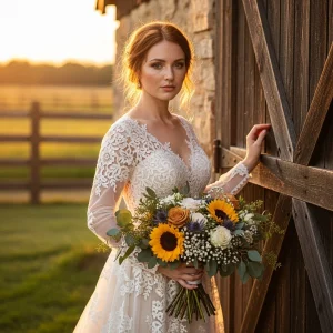 Bride in a lace wedding gown holding a rustic bouquet of sunflowers, roses, and greenery beside a barn doorway at golden hour.