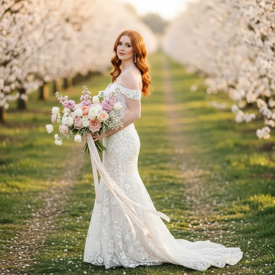 Bride in a white wedding gown holding a pastel spring bouquet on a grassy path lined with blooming trees in soft golden light.