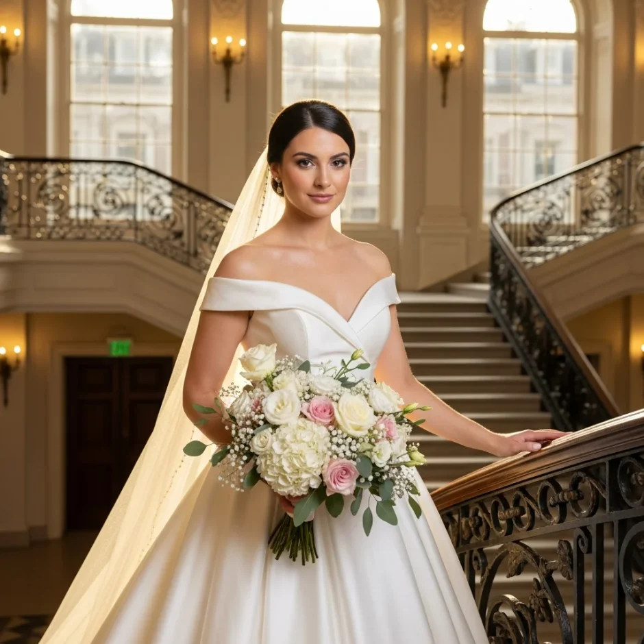 Elegant bride in ivory satin gown holding a bouquet of traditional wedding flowers in bulk with roses and hydrangeas in a grand ballroom.