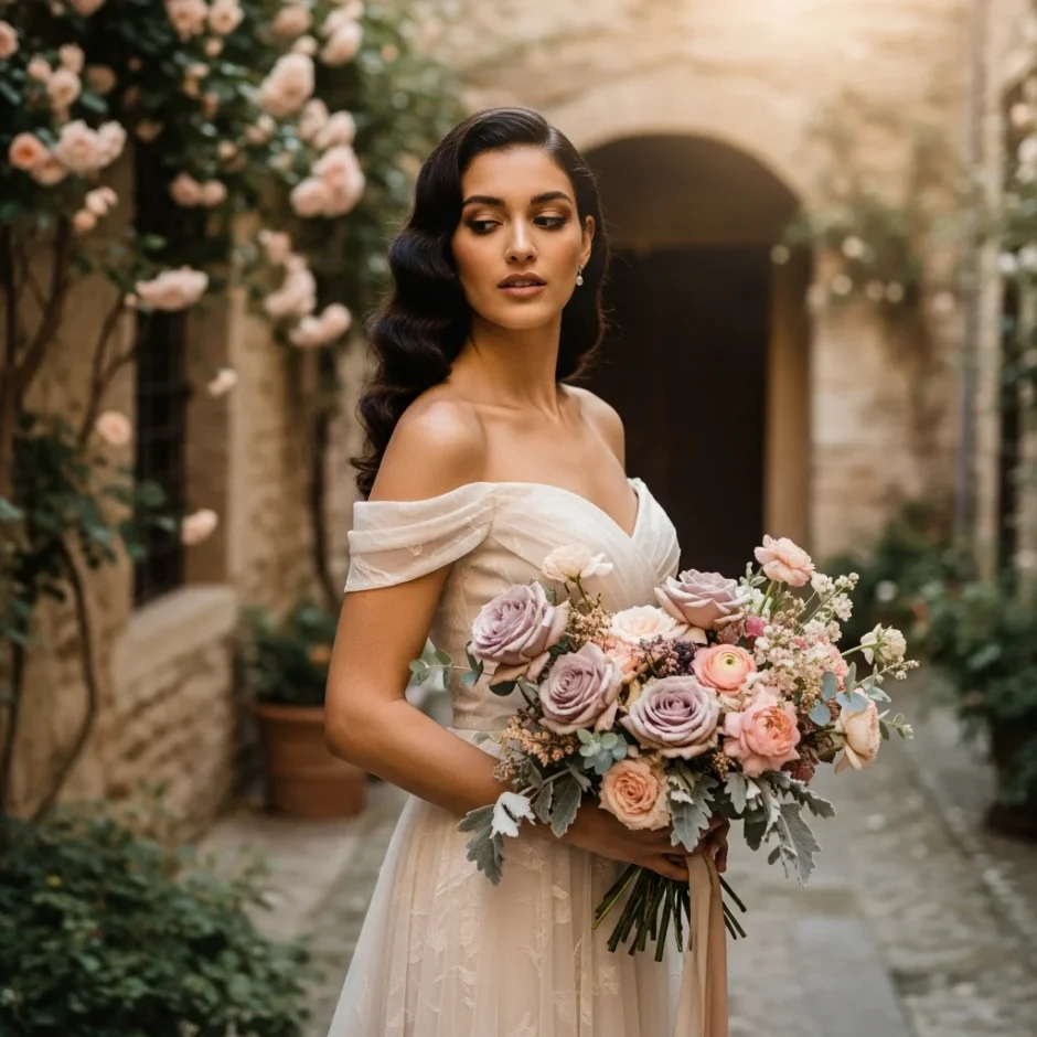 Bride holding a vintage bouquet of blush, mauve, and dusty pink flowers in a romantic stone courtyard with greenery and arches.