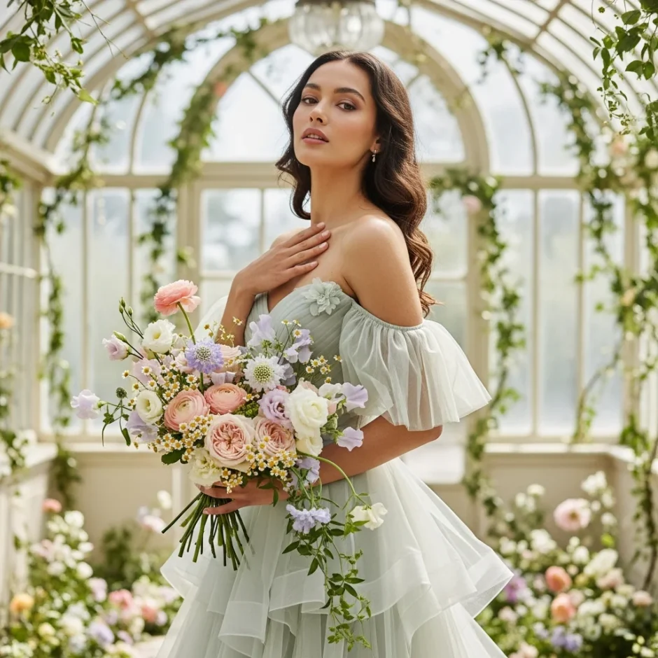 Bride in a greenhouse holding a whimsical bouquet of pastel bulk wedding flowers for playful, elegant wedding inspiration from Whole Blossoms.