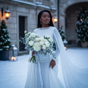 Bride in a long-sleeved white gown holding a lush white bouquet in a snowy stone courtyard for chic winter wedding inspiration.