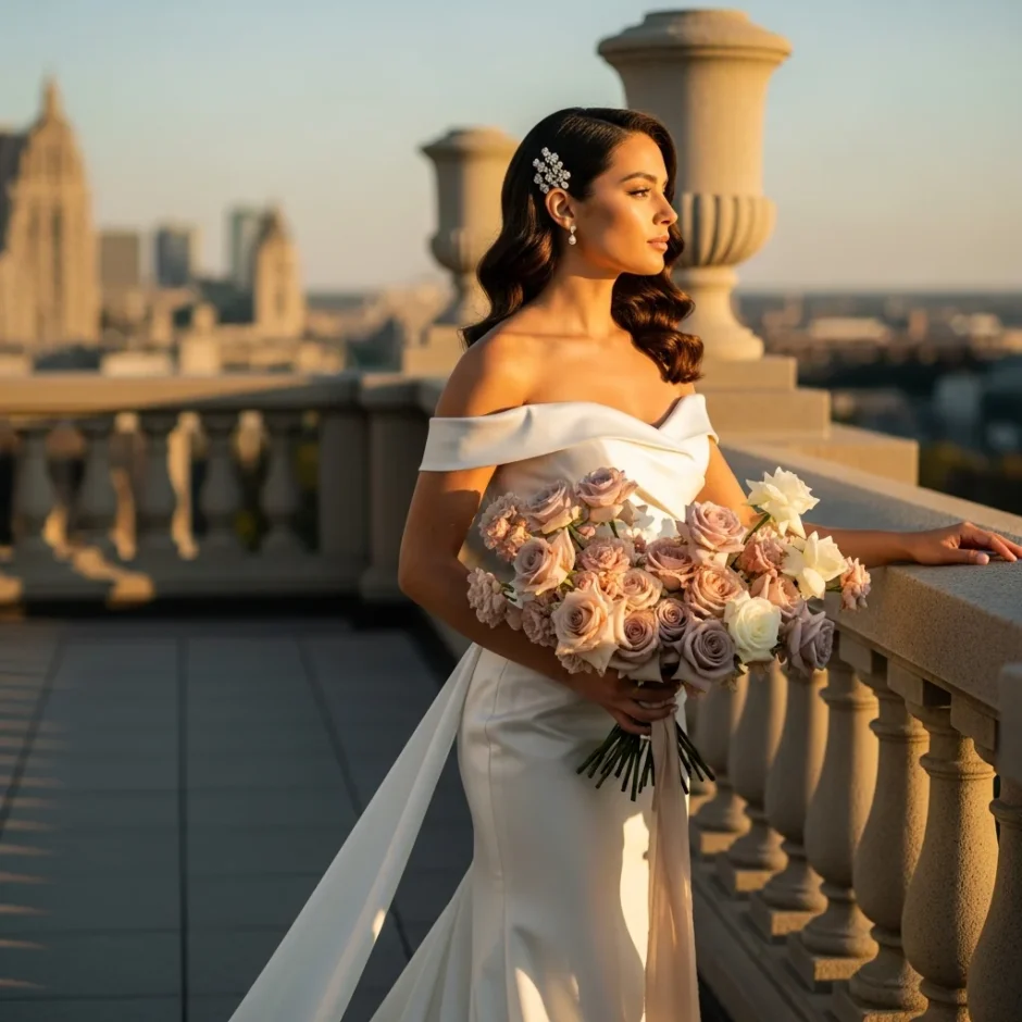 Bride on rooftop terrace holding bouquet of blush, ivory and mauve bulk roses, showing rose varieties for elegant wedding floral design.