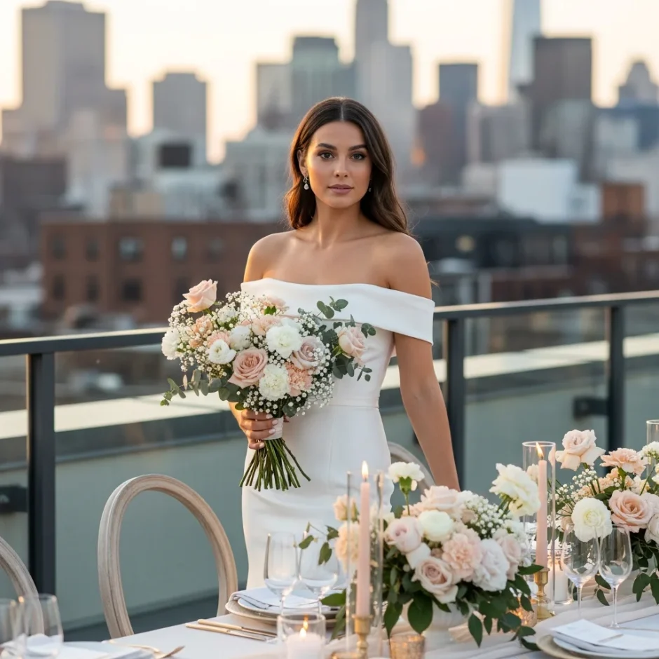 Bride in an off-shoulder white gown holding a blush and ivory rose bouquet on a rooftop terrace at sunset with matching centerpieces.