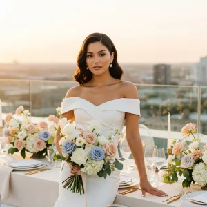 Bride in an off-shoulder gown holding a pastel bouquet on a rooftop terrace with city skyline and matching wedding florals at sunset.