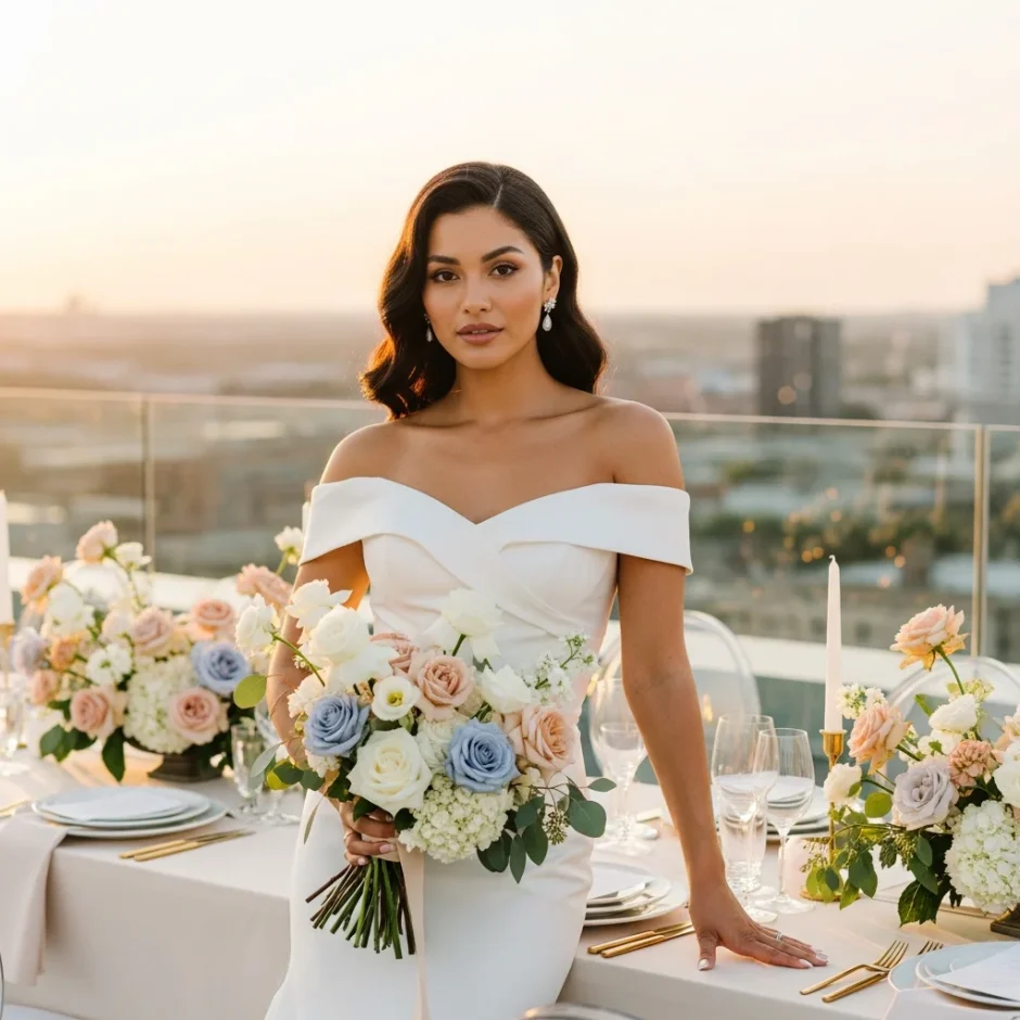 Bride in an off-shoulder gown holding a pastel bouquet on a rooftop terrace with city skyline and matching wedding florals at sunset.
