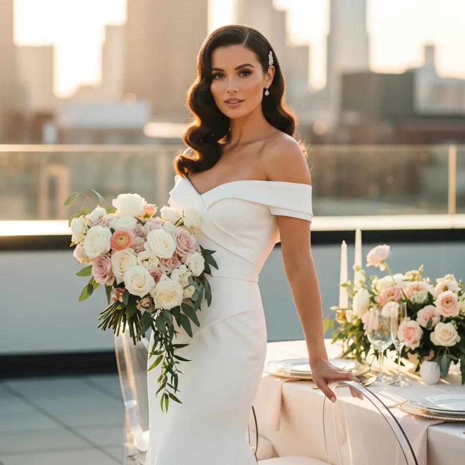 Bride holding a blush and ivory bouquet on a rooftop terrace with matching wedding flower decor, showing elegant bulk wedding flower packages for brides.