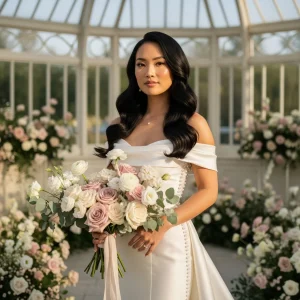 Bride in a glass conservatory holding a blush and ivory bouquet, framed by matching floral arches and soft romantic wedding decor.