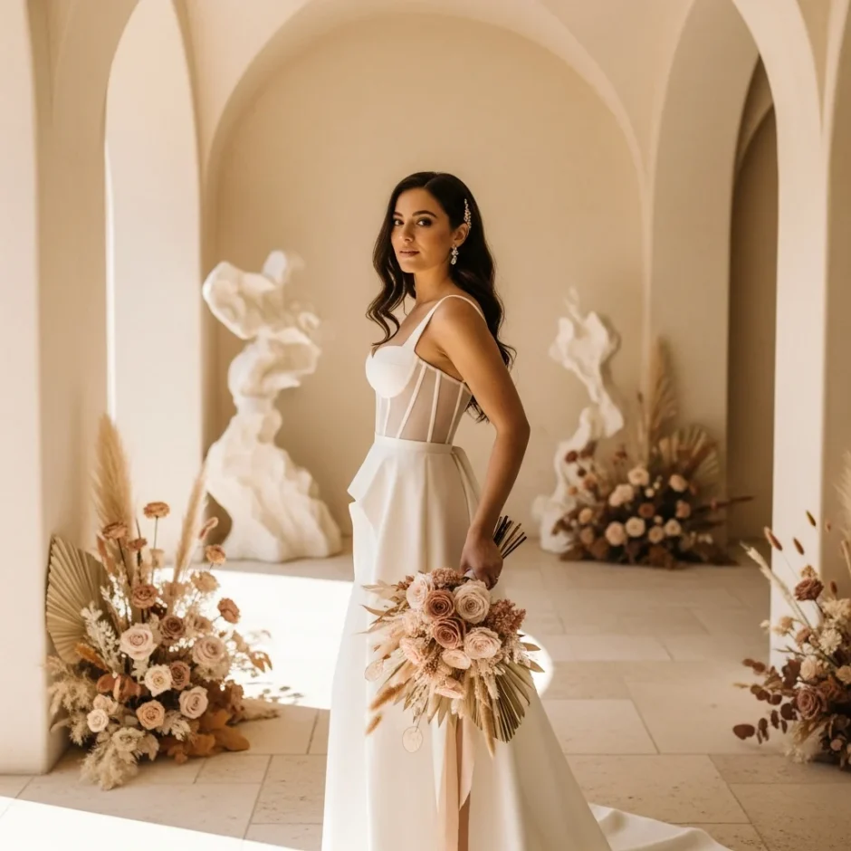 Bride in an ivory gown holding a dried flower bouquet in a warm arched venue with pampas grass, preserved florals, and elegant wedding decor.