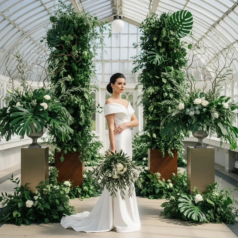 Bride in a white wedding gown holding a bouquet beneath tall hanging greenery installations in a glass conservatory styled for an elevated event.
