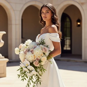 Bride in an ivory gown holding a lush white and blush bouquet in a sunlit stone courtyard, showcasing fresh designer flowers for luxury weddings.
