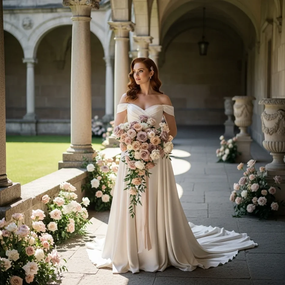 Bride in an ivory gown holding a cascading bouquet beside a rose-lined aisle in an arched courtyard wedding setting.